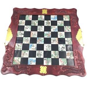 Vintage Chinese Emperor Wood Chess Set Carved Dragon Folding Board Box Missing 1